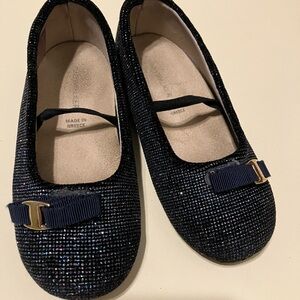 Iridescent Navy Blue Girls Ballet Flats Kids Shoes with Bow Accent
